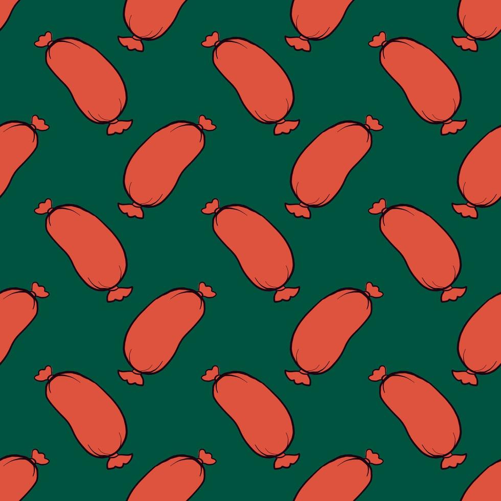 Red sausage, seamless pattern on dark green background. vector