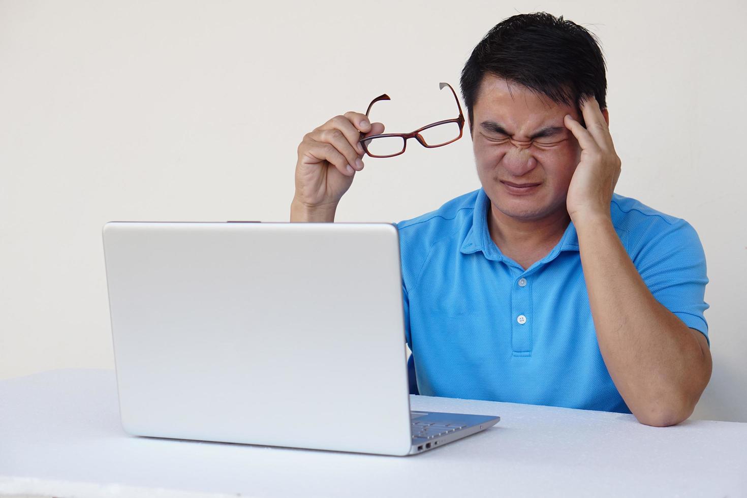 Asian man feel headache and eye strain during working on laptop computer, hold eyes glasses. Concept , Health eyesight problems, spending long to work on screen. Hard working photo