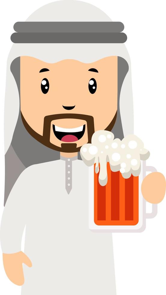 Árabe con cerveza, ilustración, vector sobre fondo blanco.