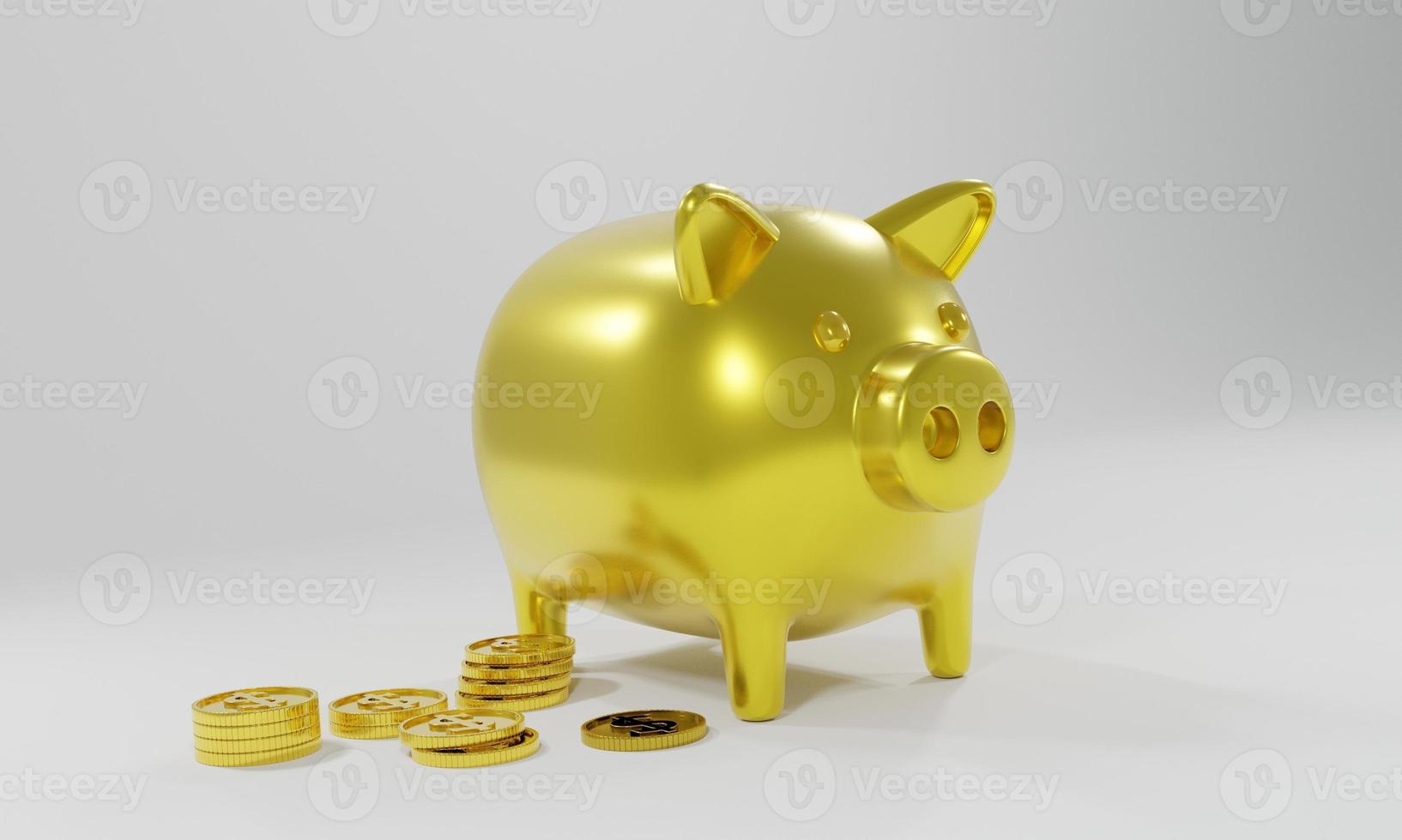 3d render money jar pig gold with money dollar coin stack, white background concept saving and financial business photo