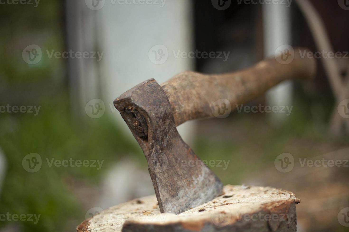 Axe in log. Axe for chopping firewood. Garden tool. photo