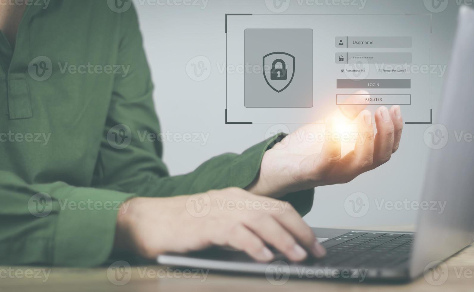 cyber security concept man's hand using a smartphone to the system through the fingerprint scanner Store data into online Cloud Data storag for security. photo