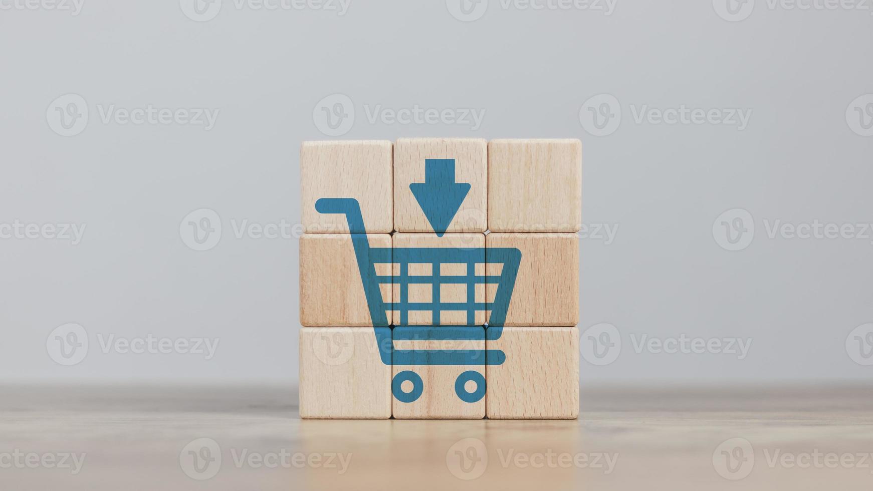 shopping online and payment concept cube wood show to access online shopping via the Internet system that is fresh and fast and can also conduct financial transactions. photo