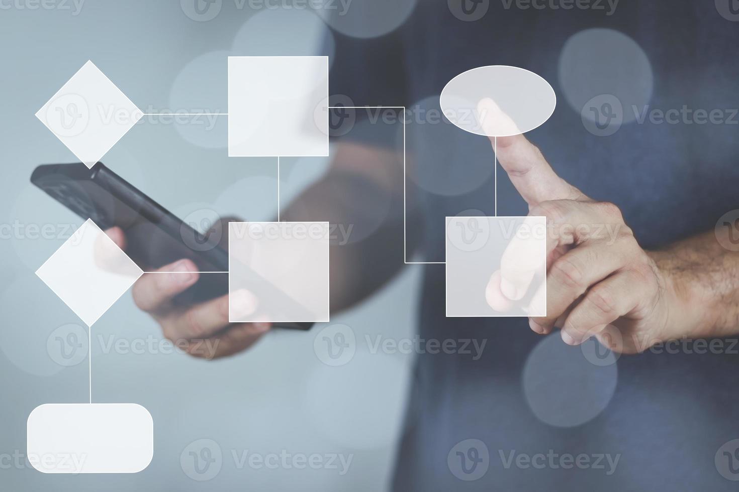 workflow project management concept men's hands pointing process and workflow automation with flowchart photo