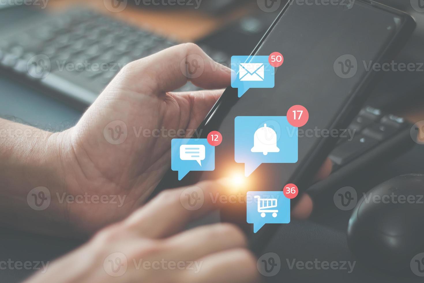 Social media technology concept, man hand using smartphone Login to the online network Use social media to do business and marketing payment from home through the Internet. photo