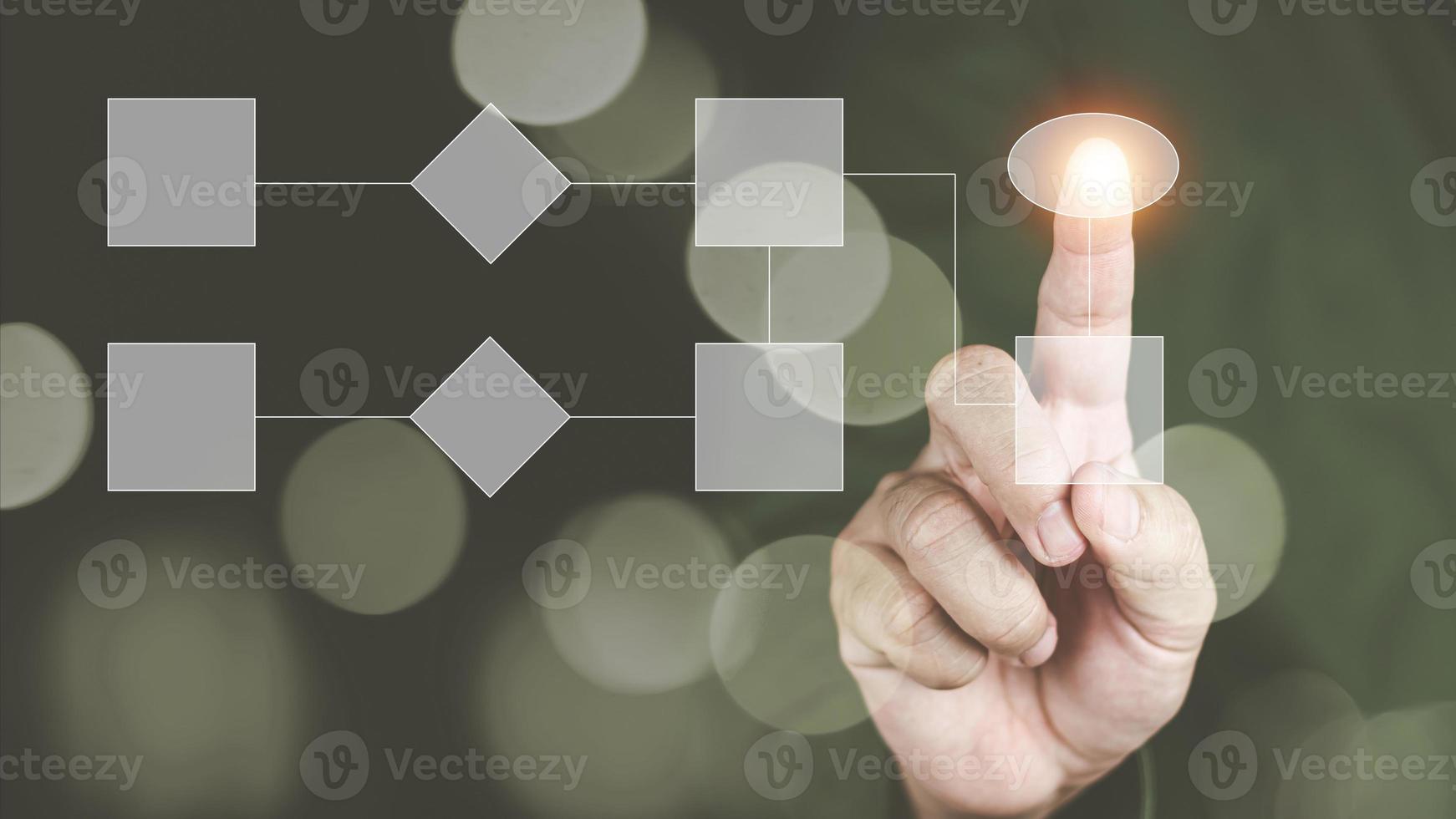 workflow project management concept men's hands pointing process and workflow automation with flowchart photo