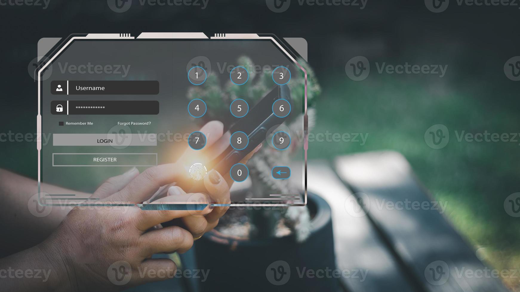 cyber security concept man's hand using a smartphone to the system through the fingerprint scanner Store data into online Cloud Data storag for security. photo