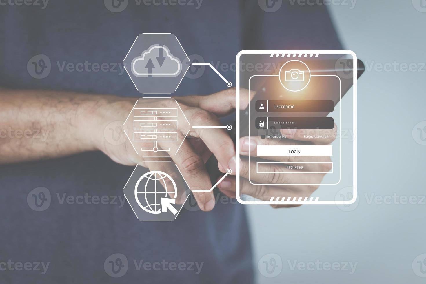 cyber security concept man's hand using a smartphone to the system through the fingerprint scanner Store data into online Cloud Data storag for security. photo