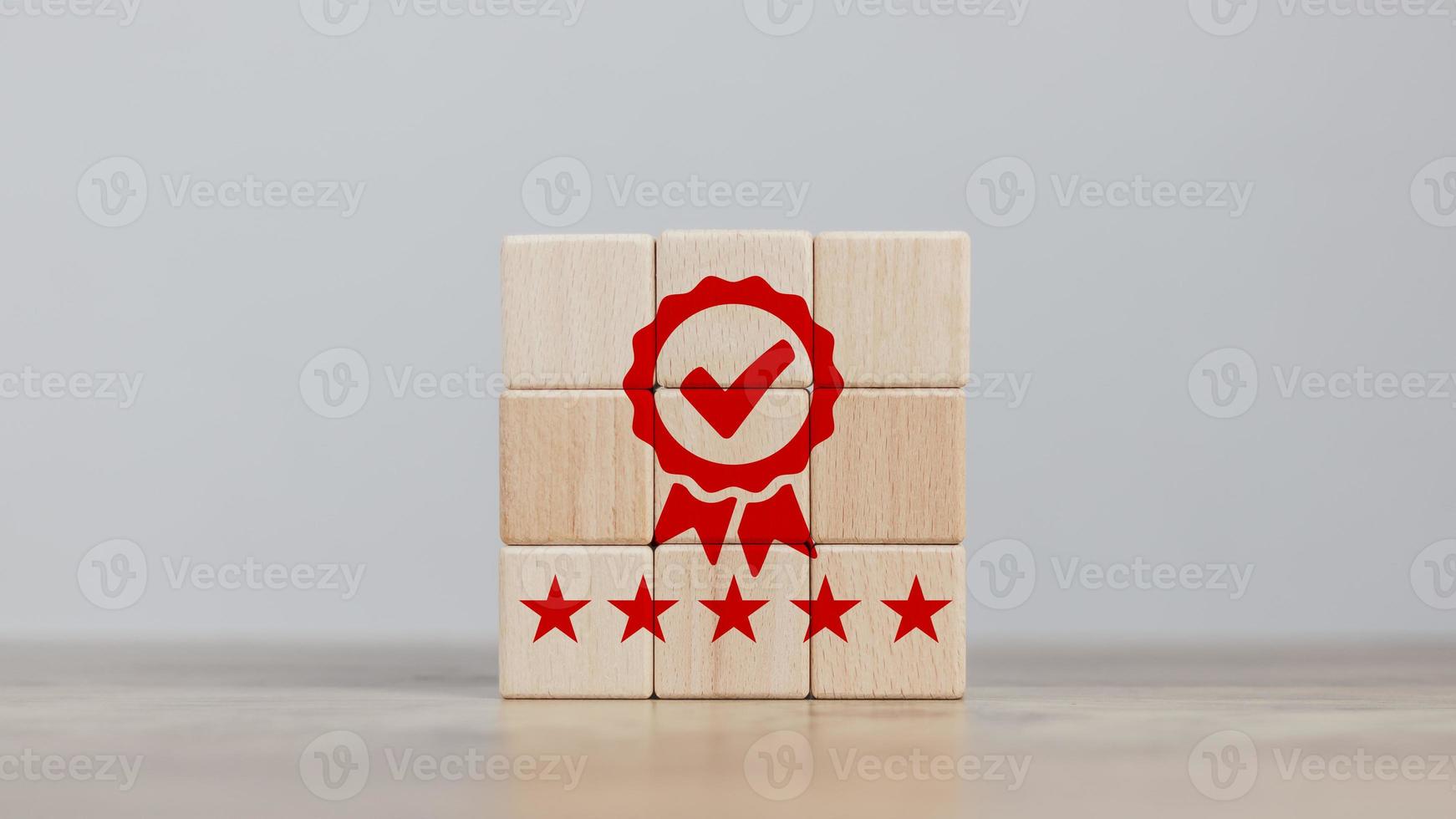 certification and quality concept cube wood aligned icon showing quality assurance certificate  organization must have a certificate  confidence in good service. create satisfaction for customers photo