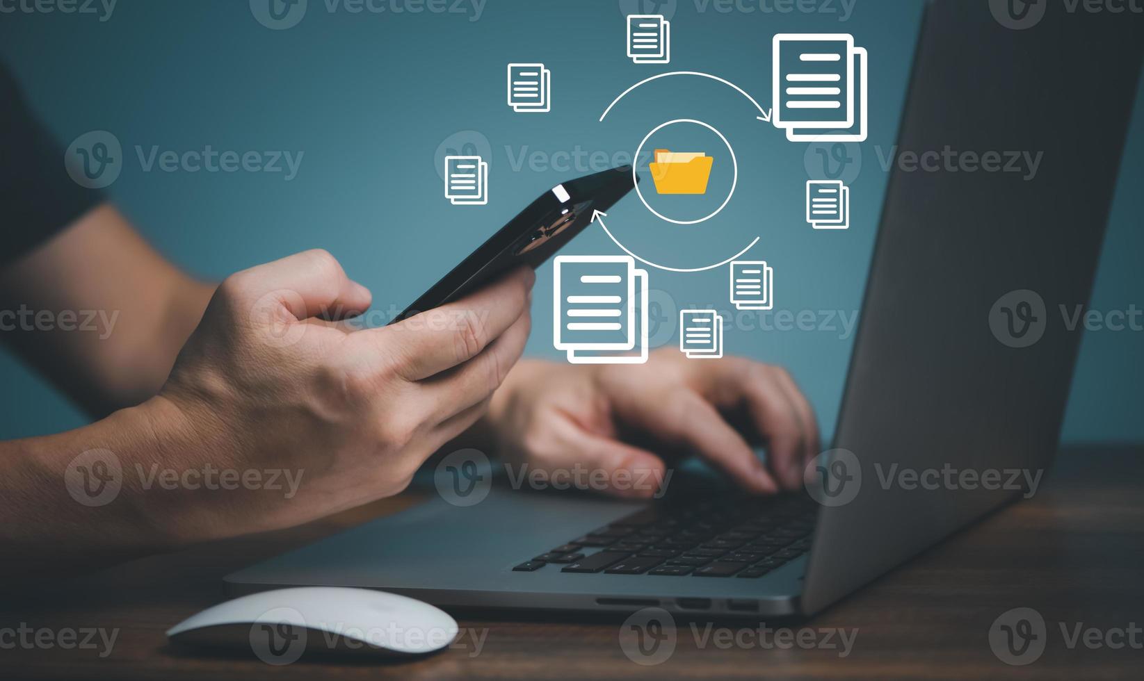 Files Transfer technology. User using Mobile Phone  connection between Smart phone and computer to transfer document and image. photo