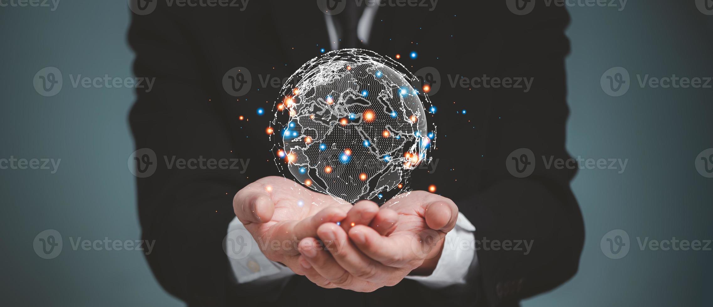Businessman holding Global network connection. Digital Future communication global network technology concept. photo