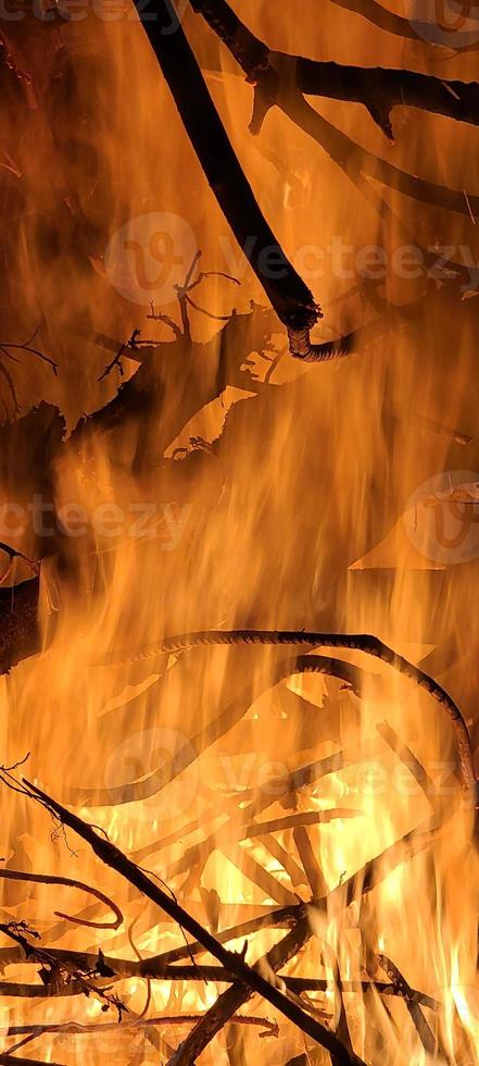 A close up of fire with flames and wood filling the frame photo