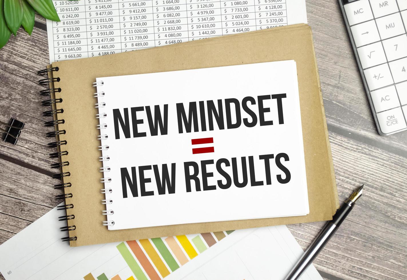 New Mindset - New Results on brown notebook and charts photo