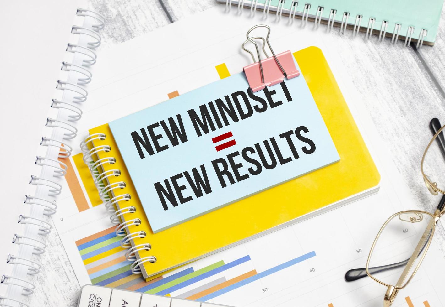 New Mindset - New Results words on blue sticker and pen, charts and calculator photo