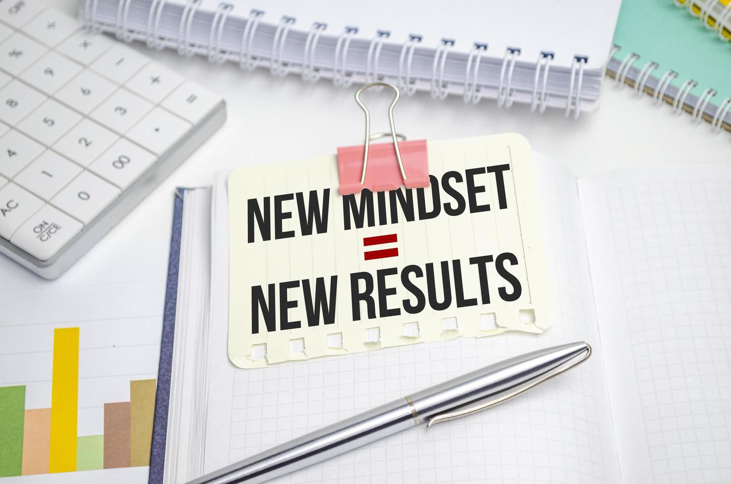 New Mindset - New Results words on notebook and pen, charts and calculator photo
