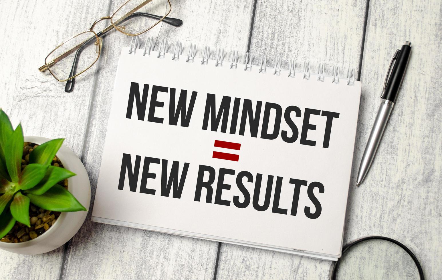 New Mindset - New Results on white notebook and office supplies photo