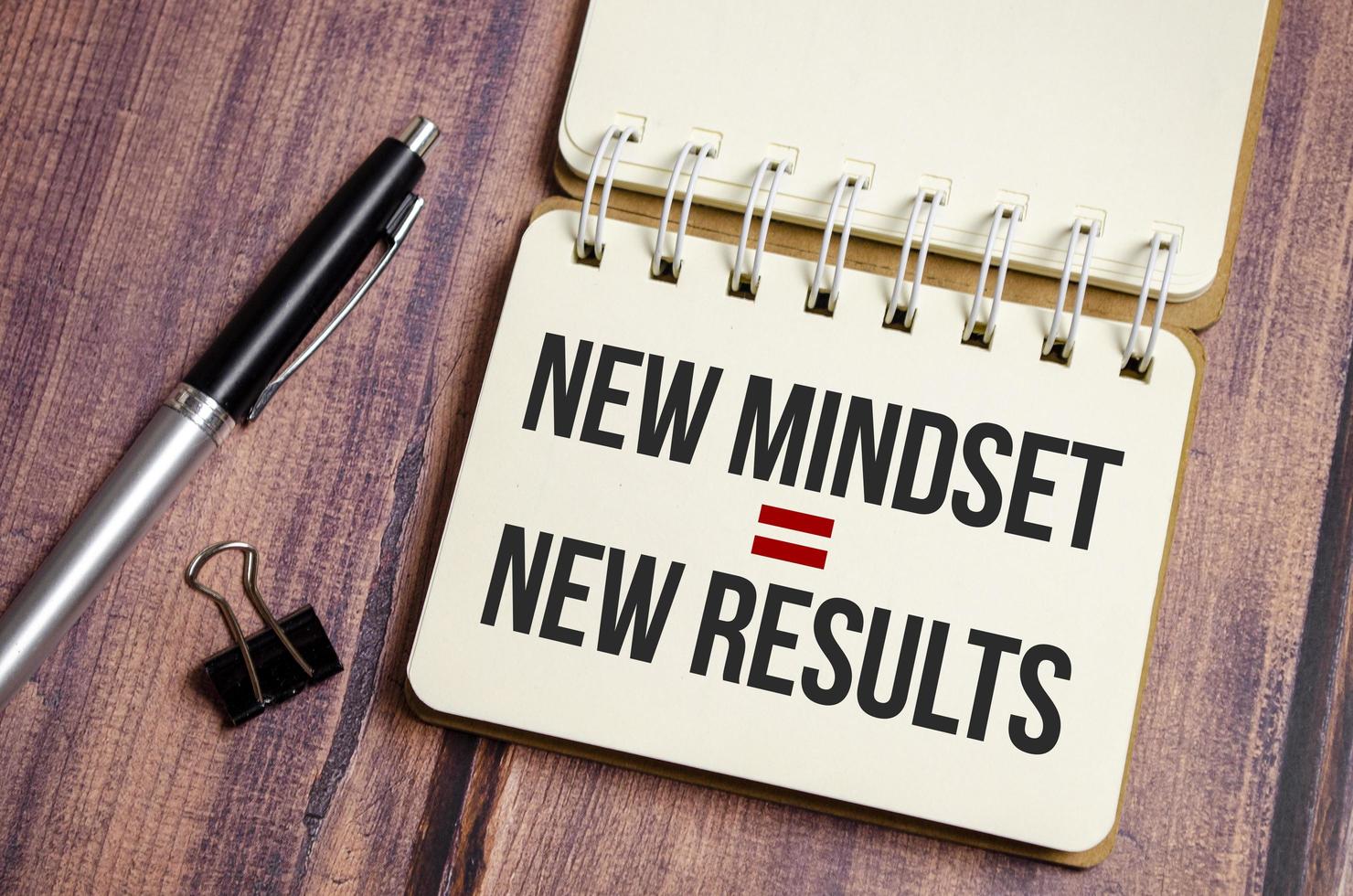 New Mindset - New Results words on notebook and wooden background photo