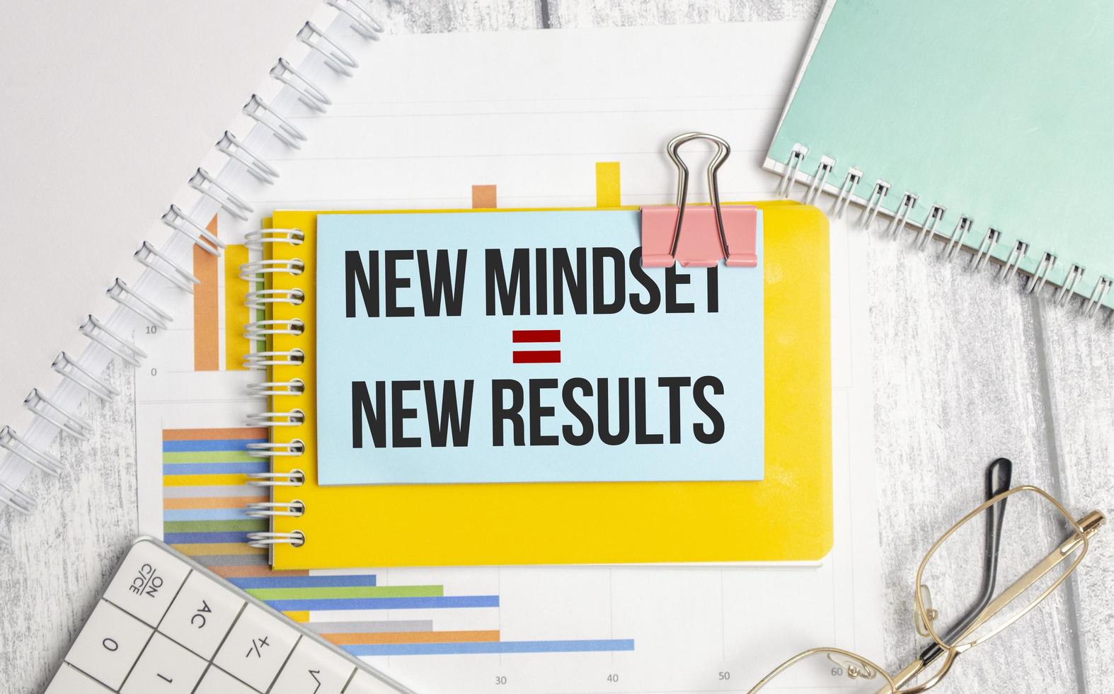 New Mindset - New Results words on blue sticker and pen, charts and calculator photo