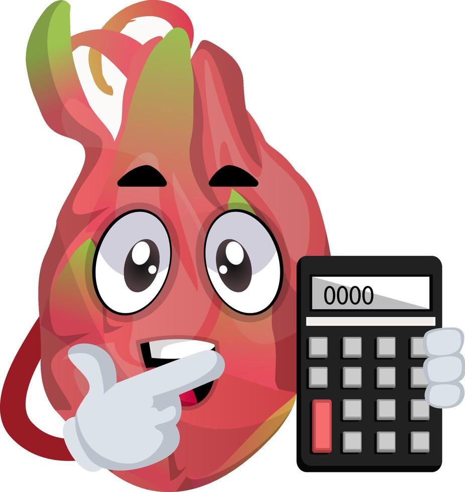 Dragon fruit with calculator, illustration, vector on white background.