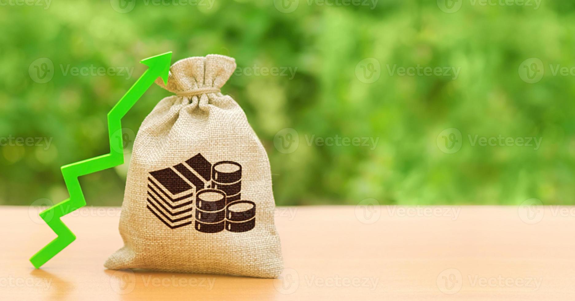 Money bag and a green up arrow. Increase profits, wages and wealth. Investment attraction. loans and subsidies. Favorable conditions for business. The growth of interest on deposits. photo