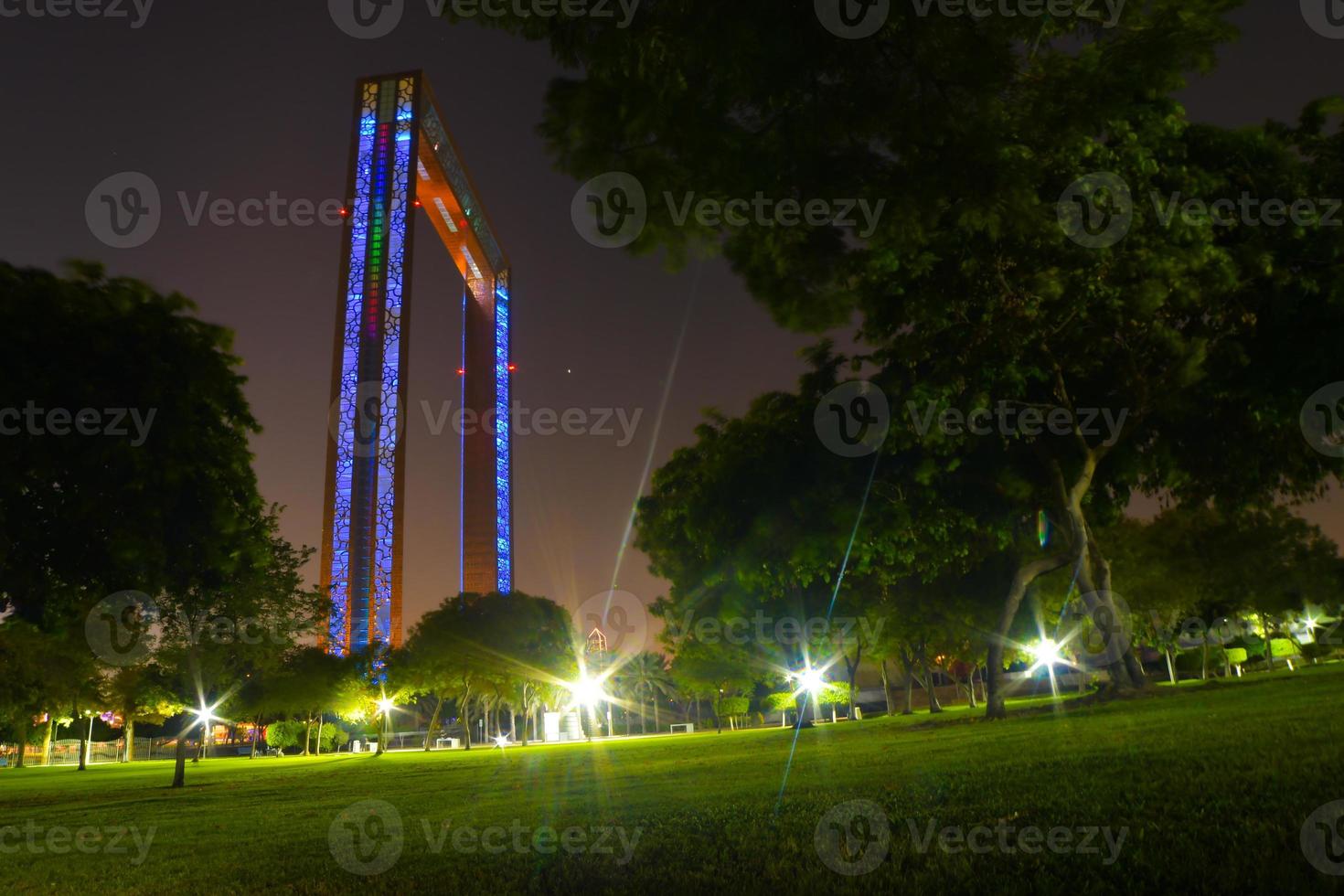 Dubai, UAE, 2022 - Dubai Frame at night. Golden Dubai Frame - New attraction in Dubai, Amazing Architecture, United Arab Emirates sightseeing attractions photo