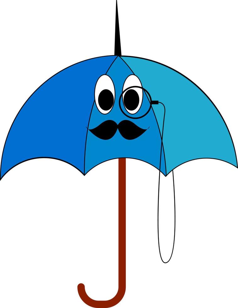 Paraguas azul con bigote, ilustración, vector sobre fondo blanco.