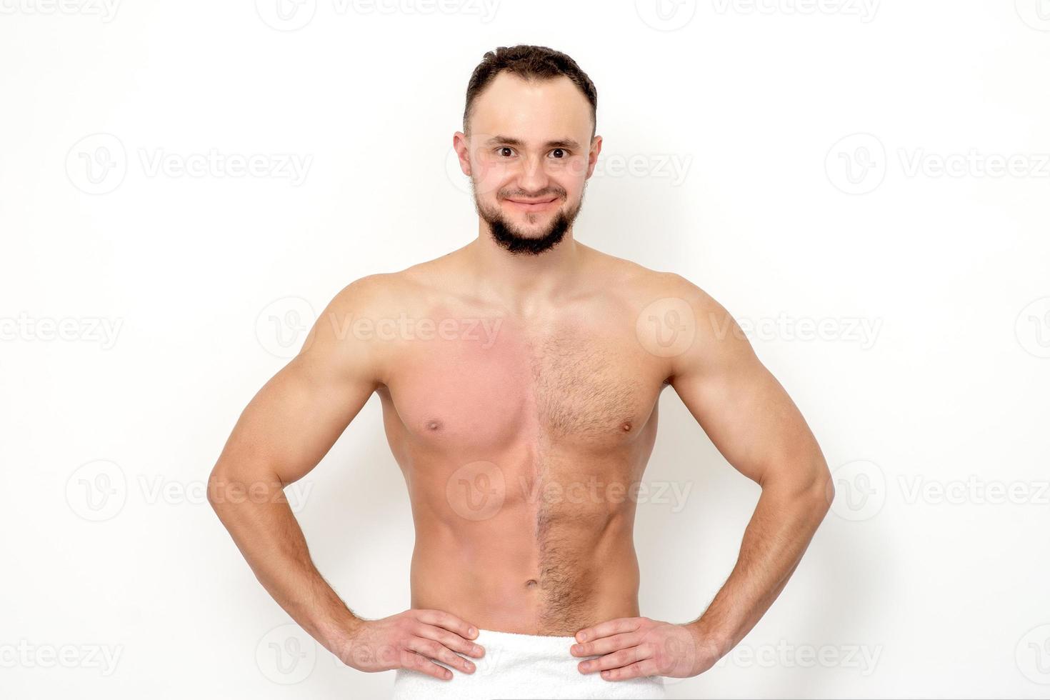 Man with bare-chested before and after waxing hair photo