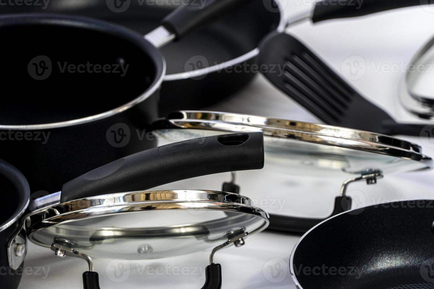 Set of aluminum cookware on kitchen counter, metal cookware, mexico latin america photo