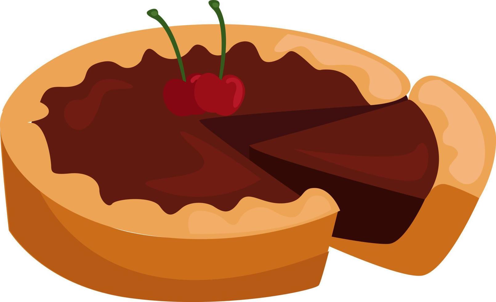 Tarta de chocolate y cereza, ilustración, vector sobre fondo blanco.