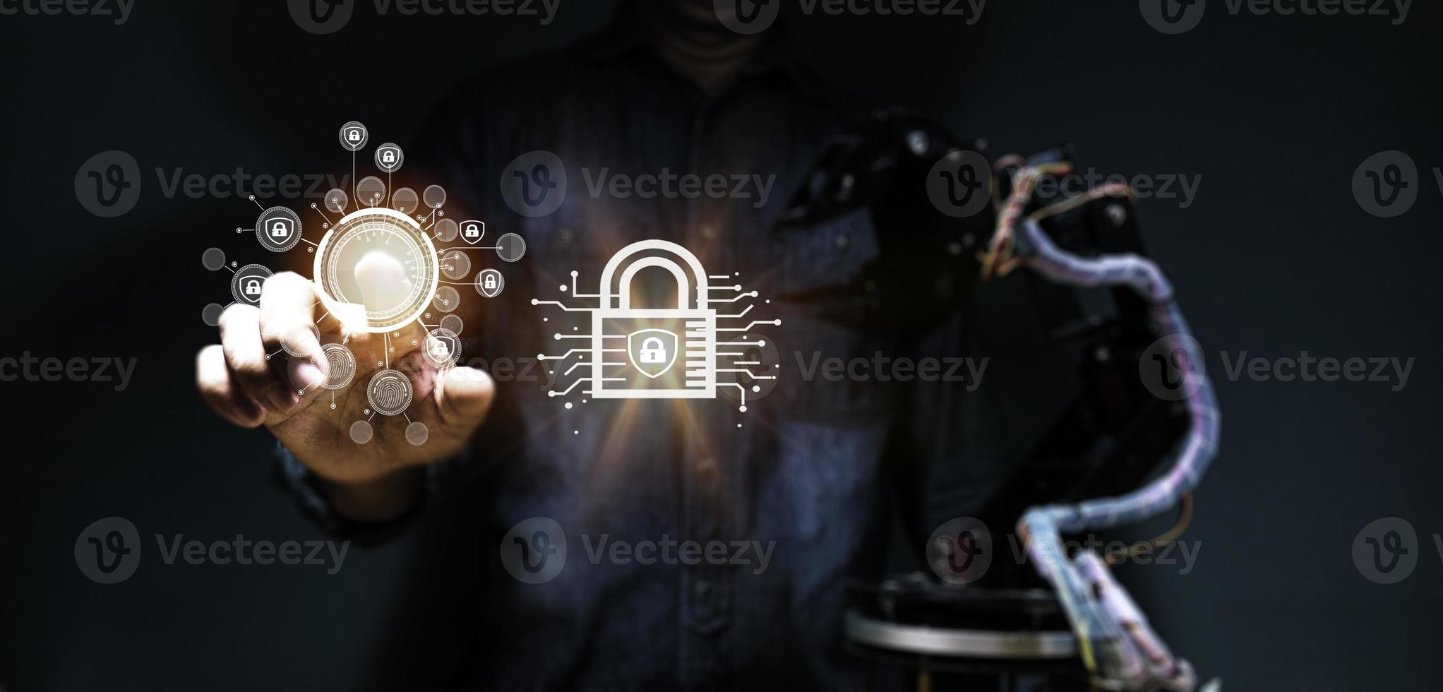 business people protect personal information Encryption with a padlock icon on the virtual interface. cybersecurity concept global network security technology photo