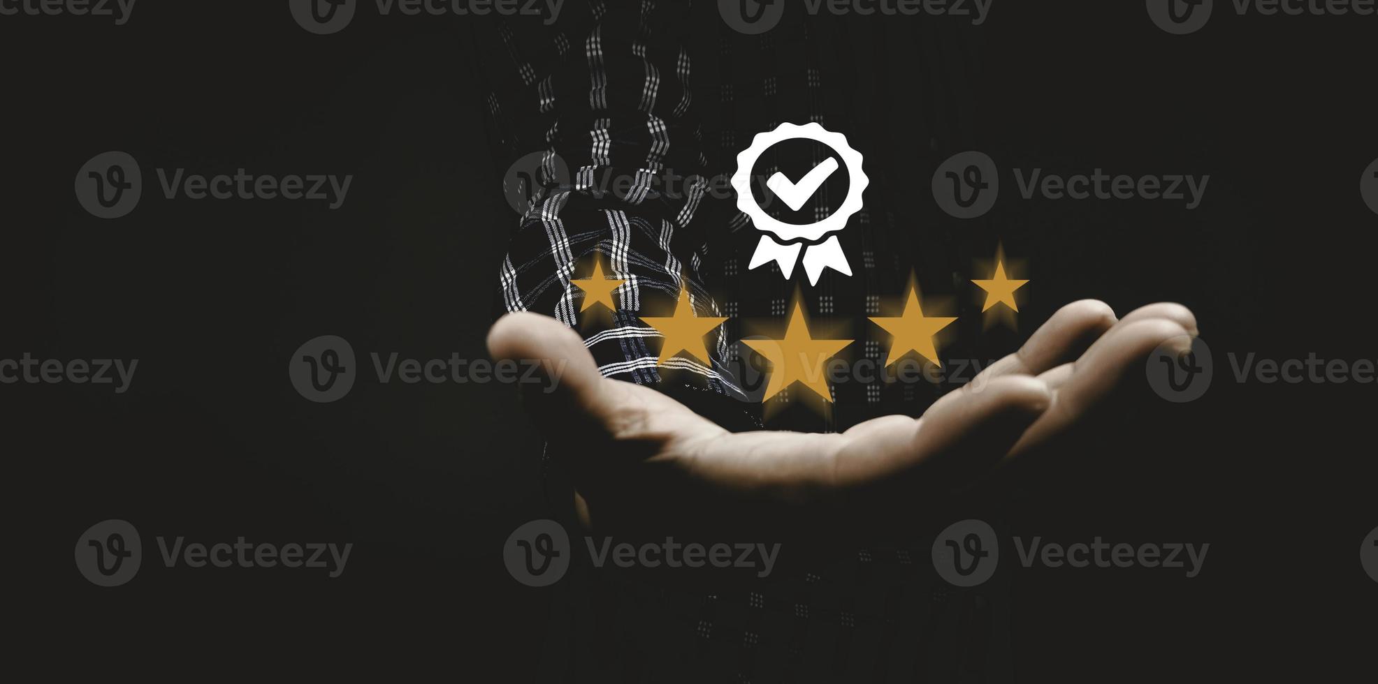 Customer Satisfaction Concept Give five stars the positive emotion smiley face icon and five stars with copy space. photo