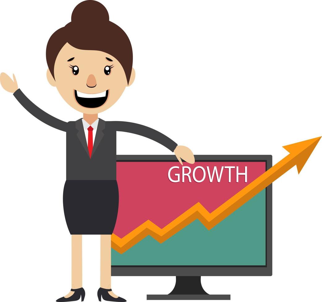 Woman showing growth analytici, illustration, vector on white background.