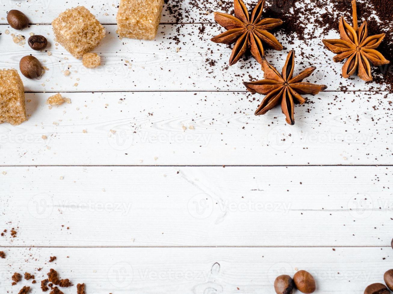 Background with different coffee, coffee bean, earth, and instantly, chocolate, copy space, top view. photo