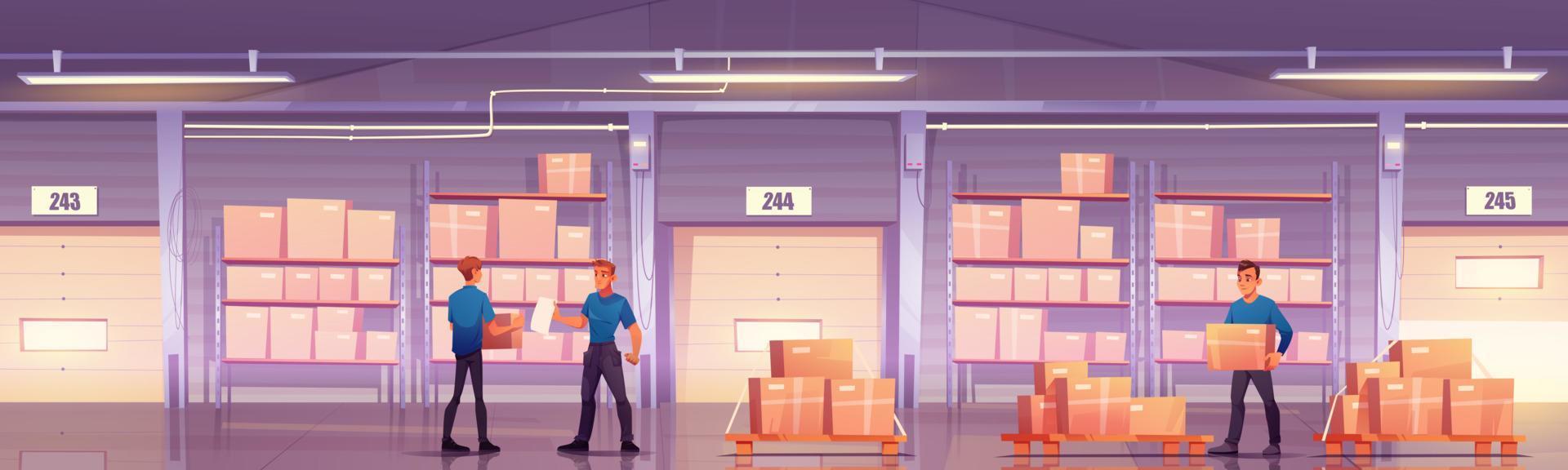 Warehouse with workers, cardboard boxes on shelves vector
