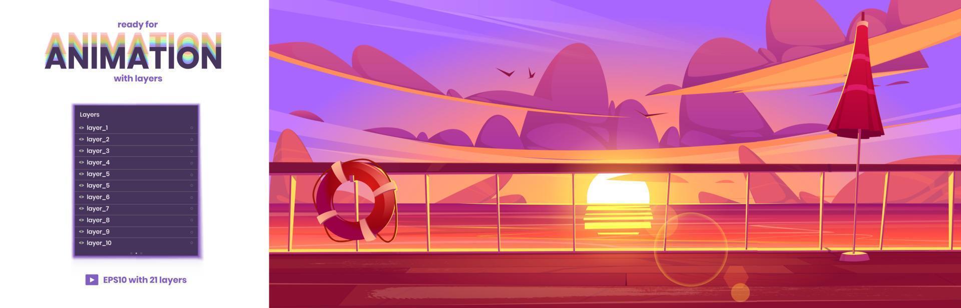 fondo de paralaje con cubierta de barco al atardecer vector