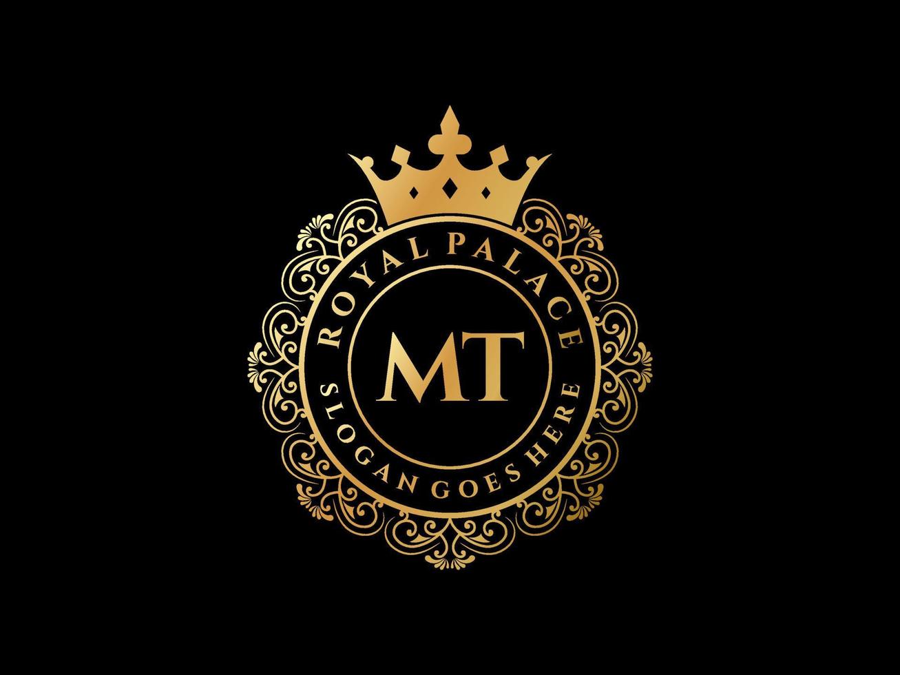 Letter MT Antique royal luxury victorian logo with ornamental frame. vector