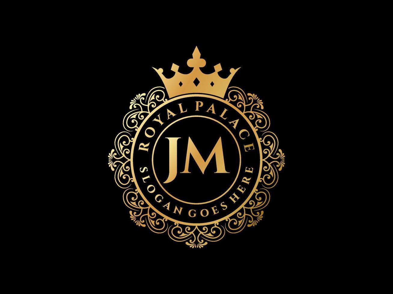 Letter JM Antique royal luxury victorian logo with ornamental frame. vector