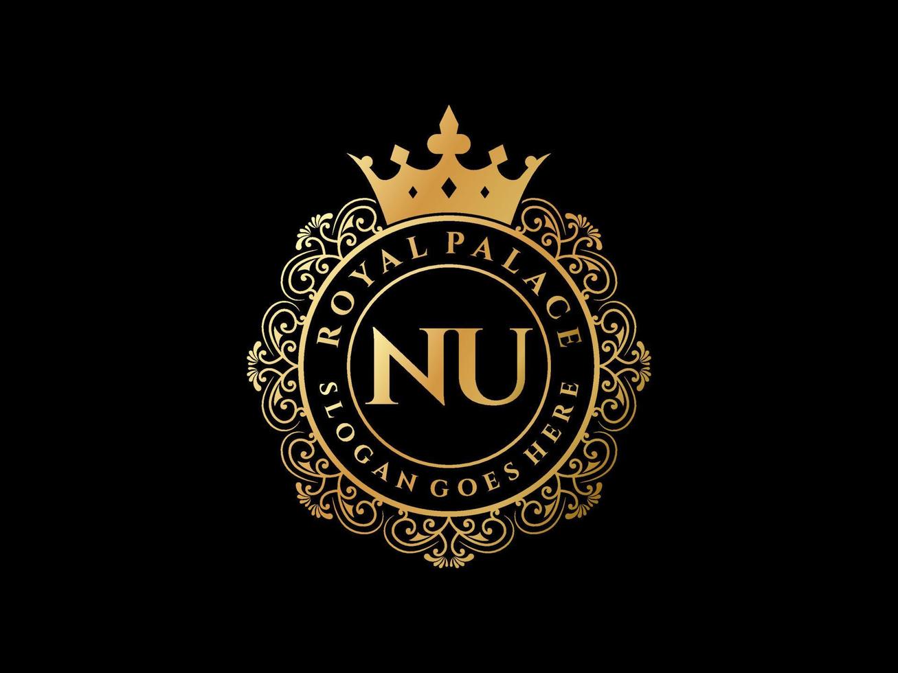 Letter NU Antique royal luxury victorian logo with ornamental frame. vector
