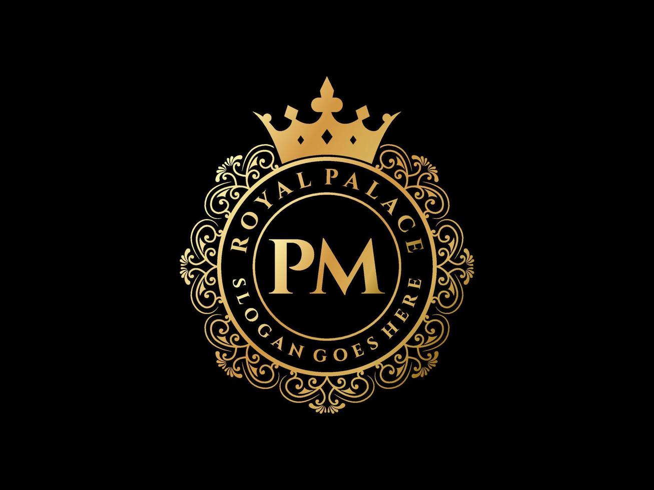 Letter PM Antique royal luxury victorian logo with ornamental frame. vector