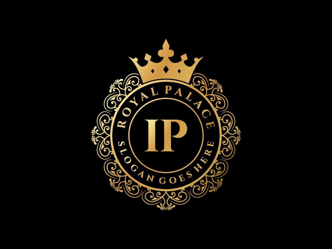 Letter IP Antique royal luxury victorian logo with ornamental frame. vector