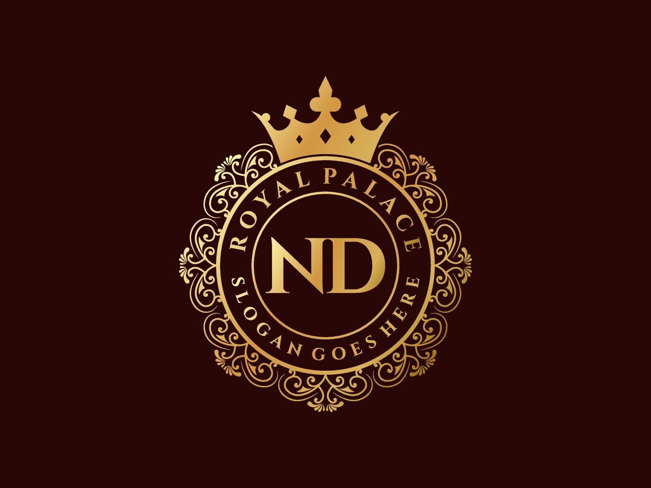 Letter ND Antique royal luxury victorian logo with ornamental frame. vector