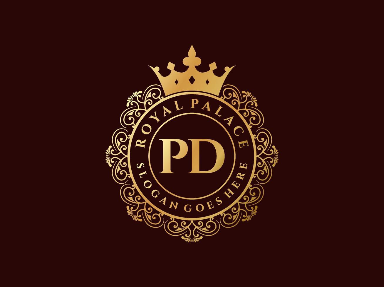 Letter PD Antique royal luxury victorian logo with ornamental frame. vector