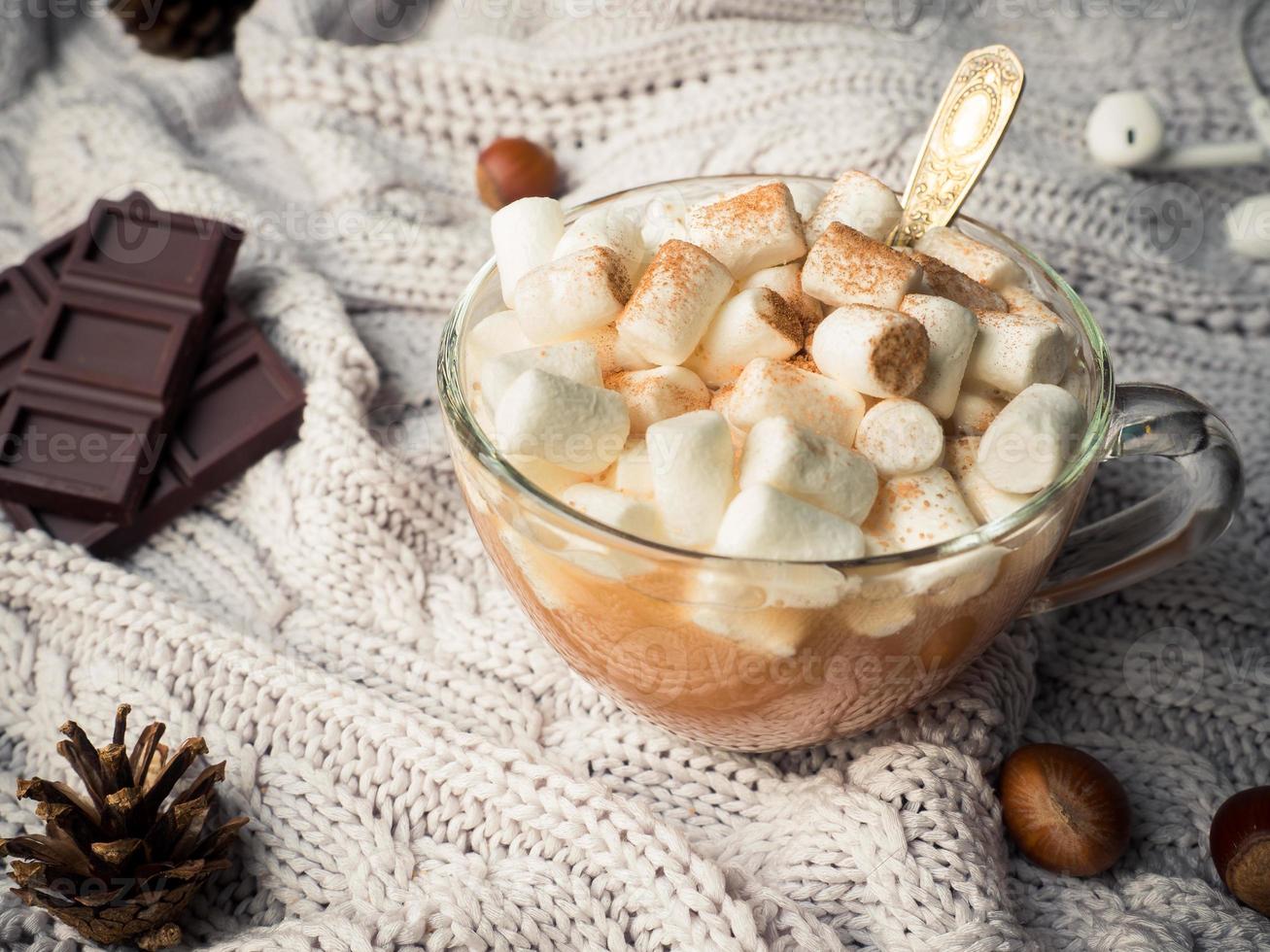 Cozy winter home background. Cocoa in a glass Cup with a marshmallow, chocolate cinnamon cones and nuts photo