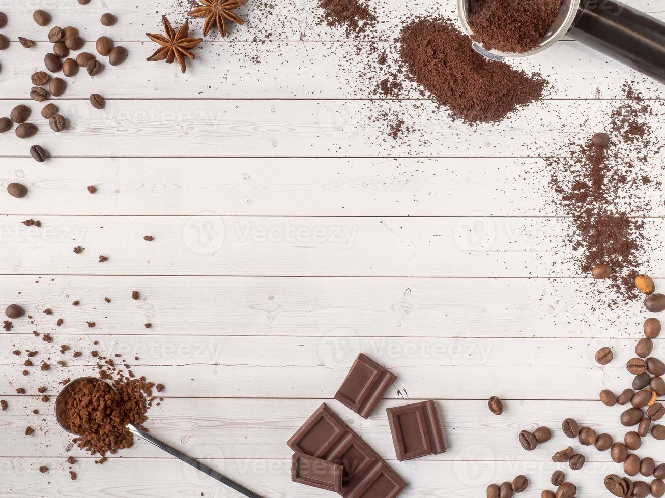 Background with different coffee, coffee bean, earth, and instantly, chocolate, copy space, top view. photo