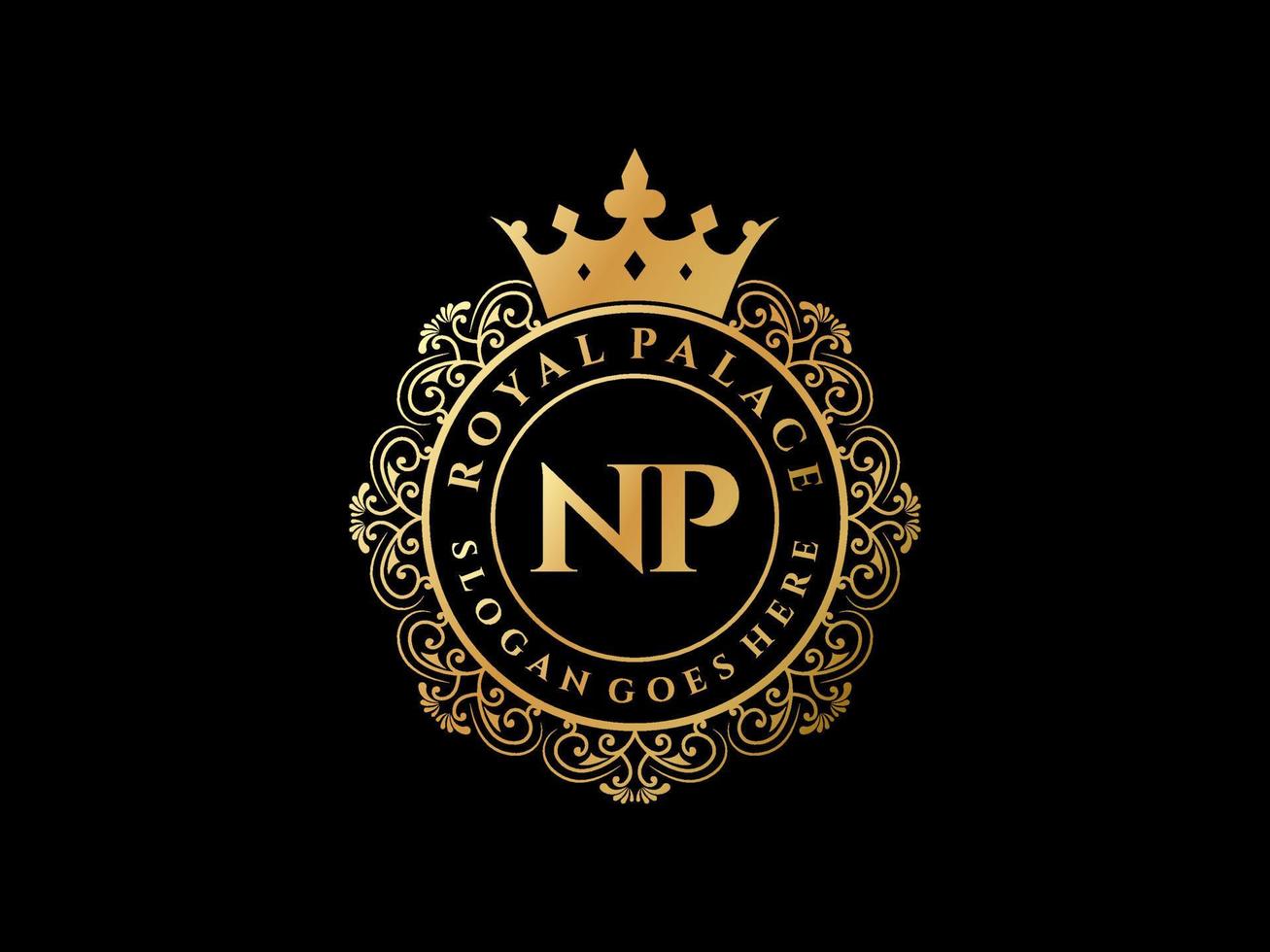 Letter NP Antique royal luxury victorian logo with ornamental frame. vector