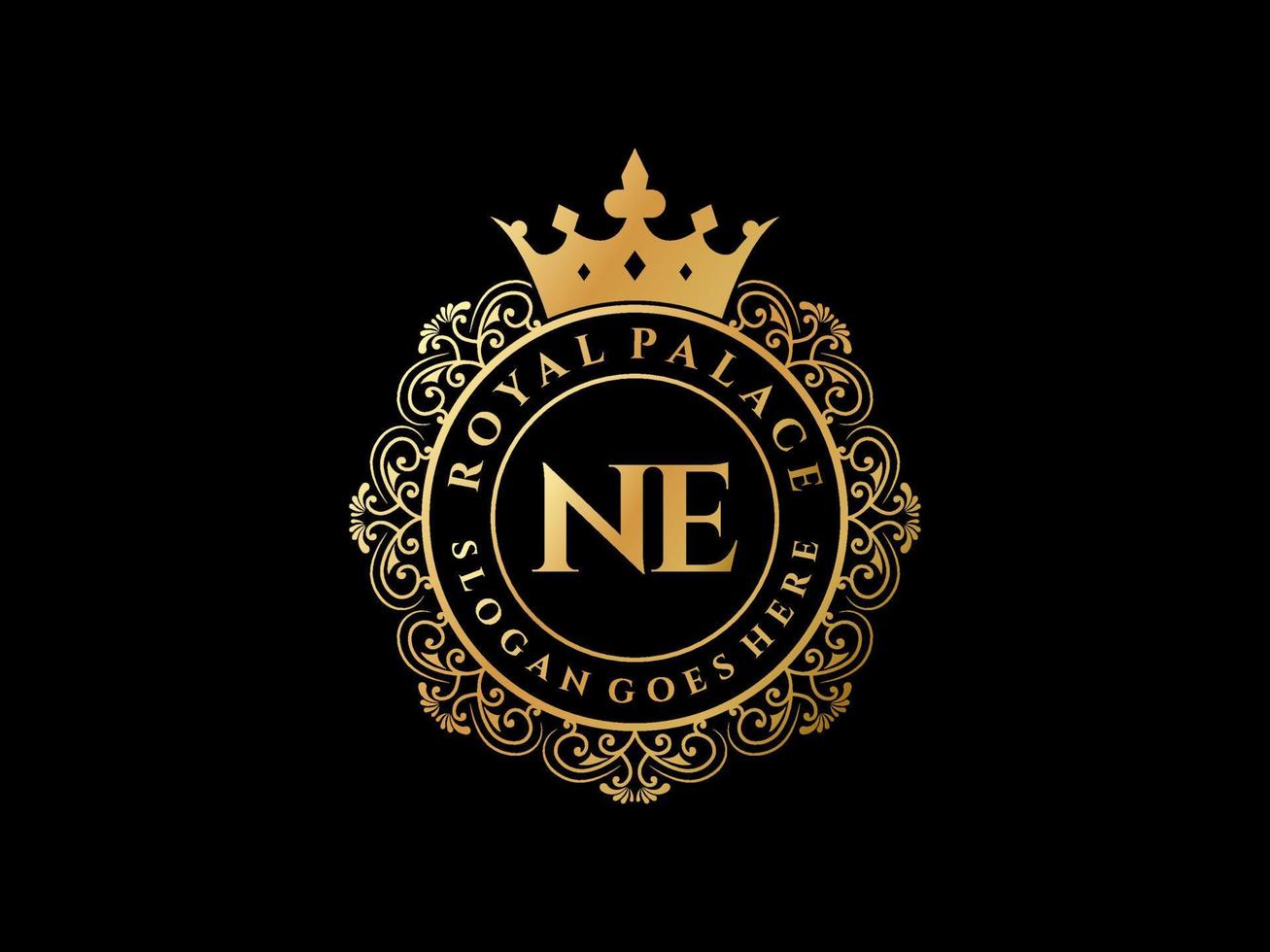 Letter NE Antique royal luxury victorian logo with ornamental frame. vector