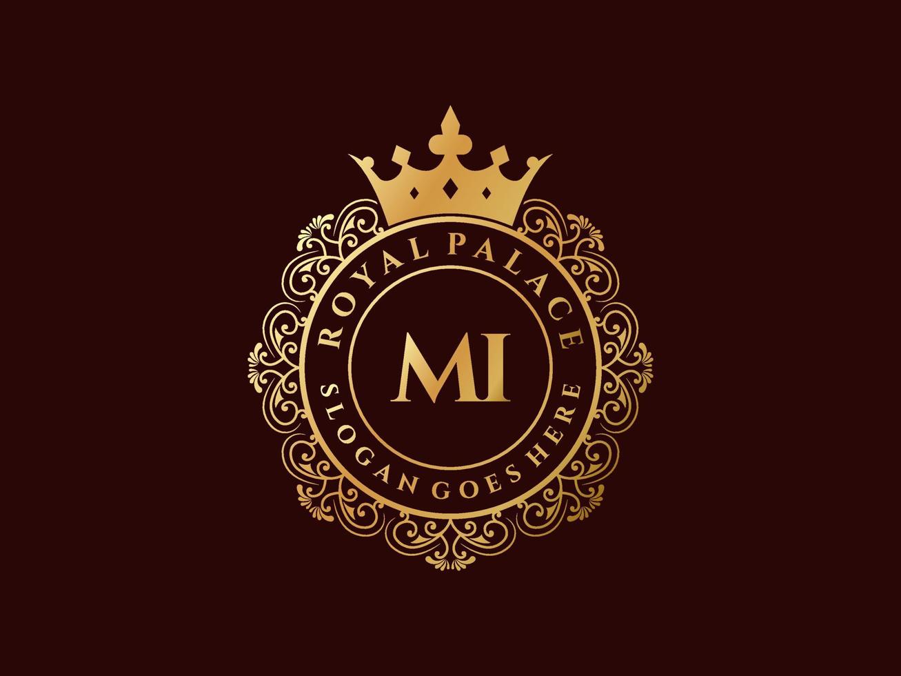 Letter MI Antique royal luxury victorian logo with ornamental frame. vector
