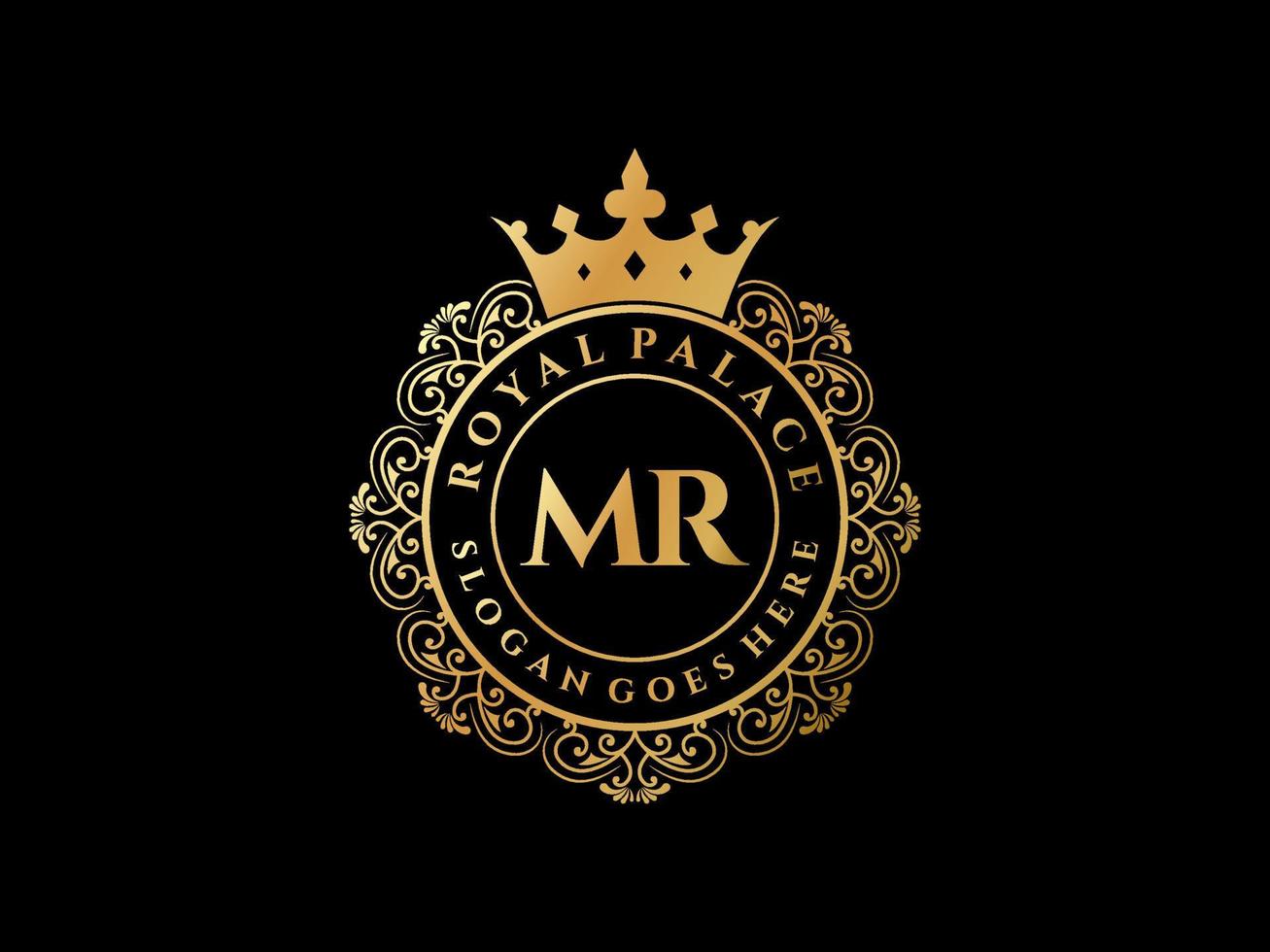 Letter MR Antique royal luxury victorian logo with ornamental frame. vector