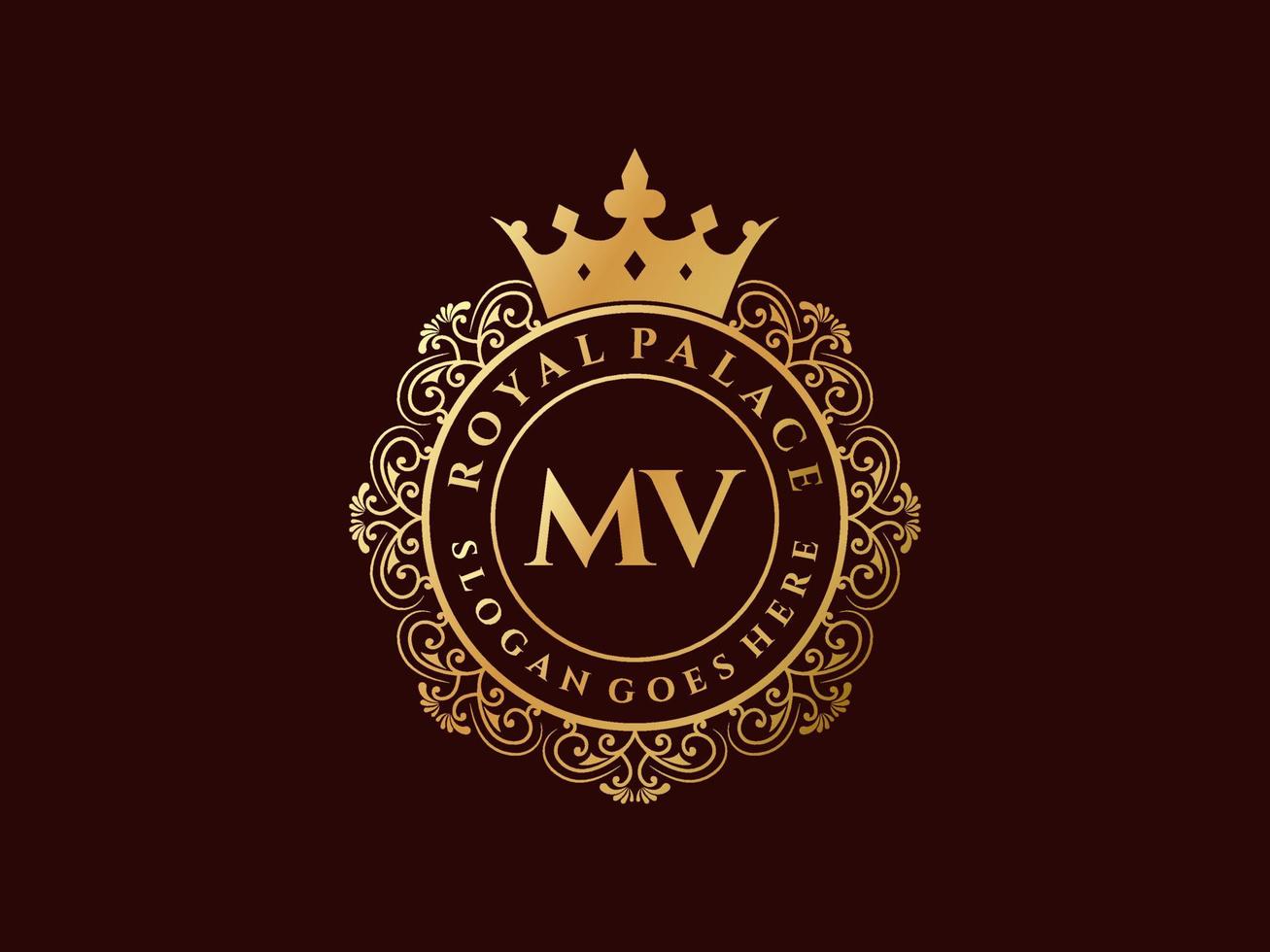 Letter MV Antique royal luxury victorian logo with ornamental frame. vector