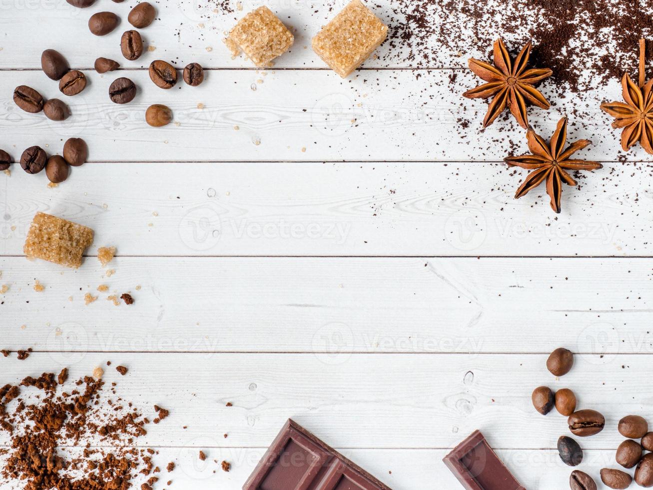 Background with different coffee, coffee bean, earth, and instantly, chocolate, copy space, top view. photo